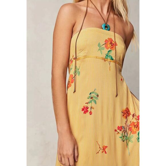 Free People Midi Sundress Strappy Sz XL Yellow Floral Rosie Posie Ruffle Lined - Picture 2 of 16